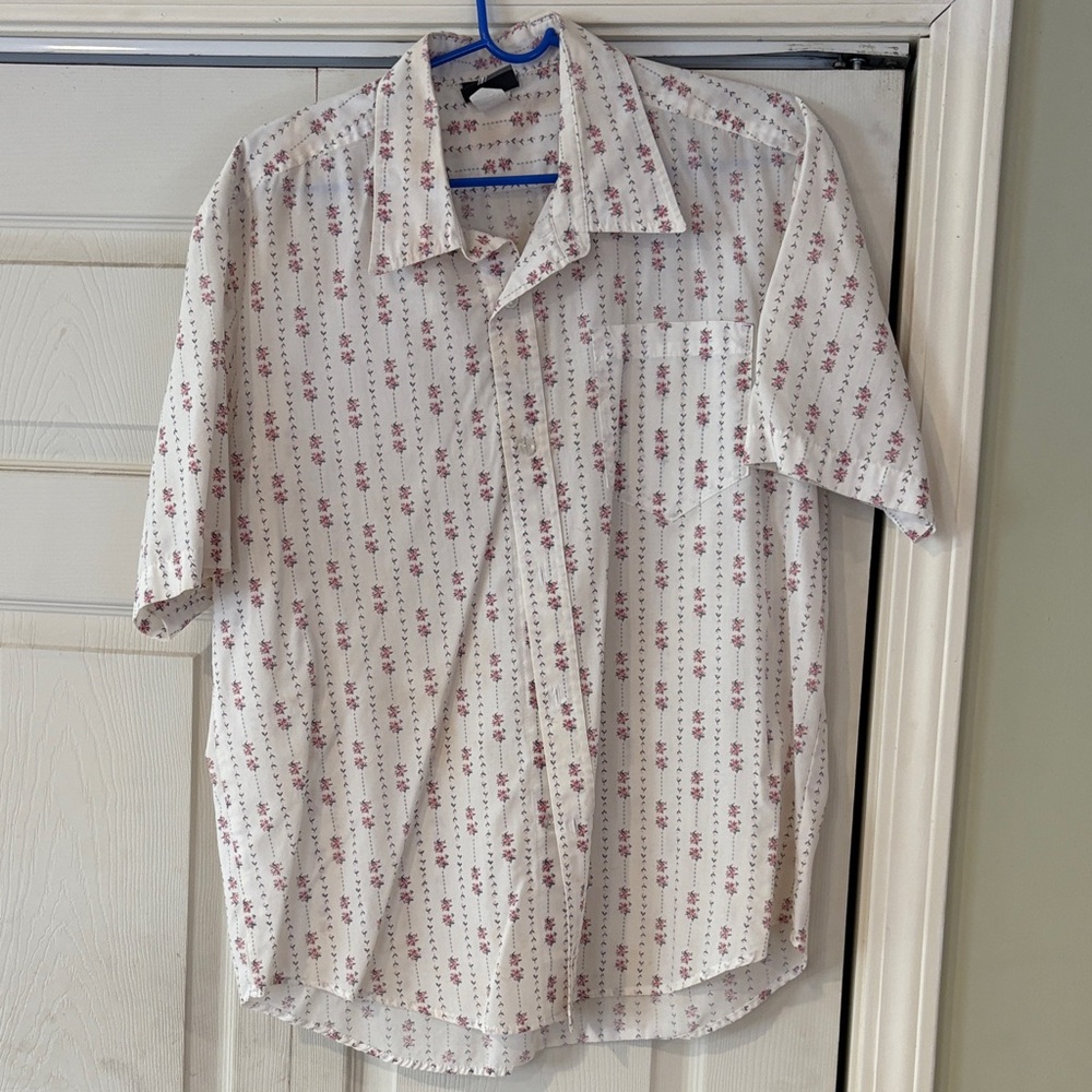 Men's Casual Button Down Shirt - White with Red Floral Pattern